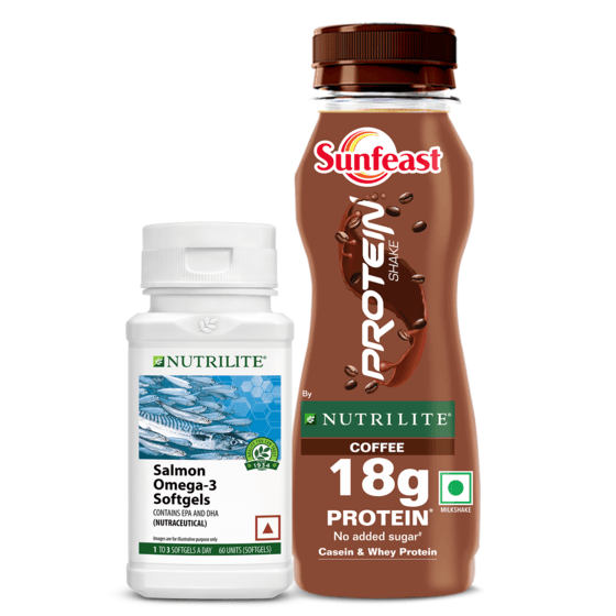 Nutrilite Salmon Omega-3 Softgels (60N pack) with Sunfeast Protein Shake by Nutrilite (Pack of 6)